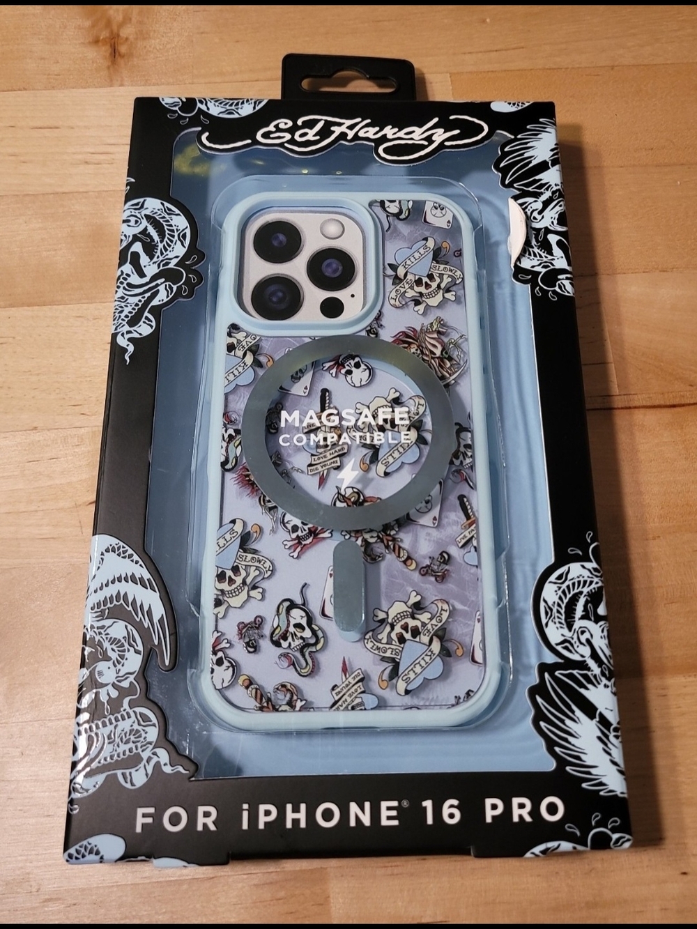 Ed Hardy Light Blue Skull Tattoo MagSafe Case for iPhone 16 Pro